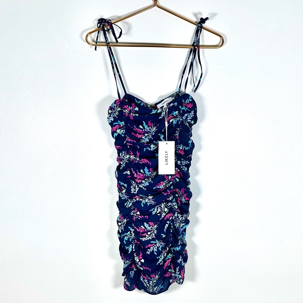 LIKELY Revolve Shopbop Rowley Floral Mini Dress 6 NWT Ruched Ruffle Spring Navy